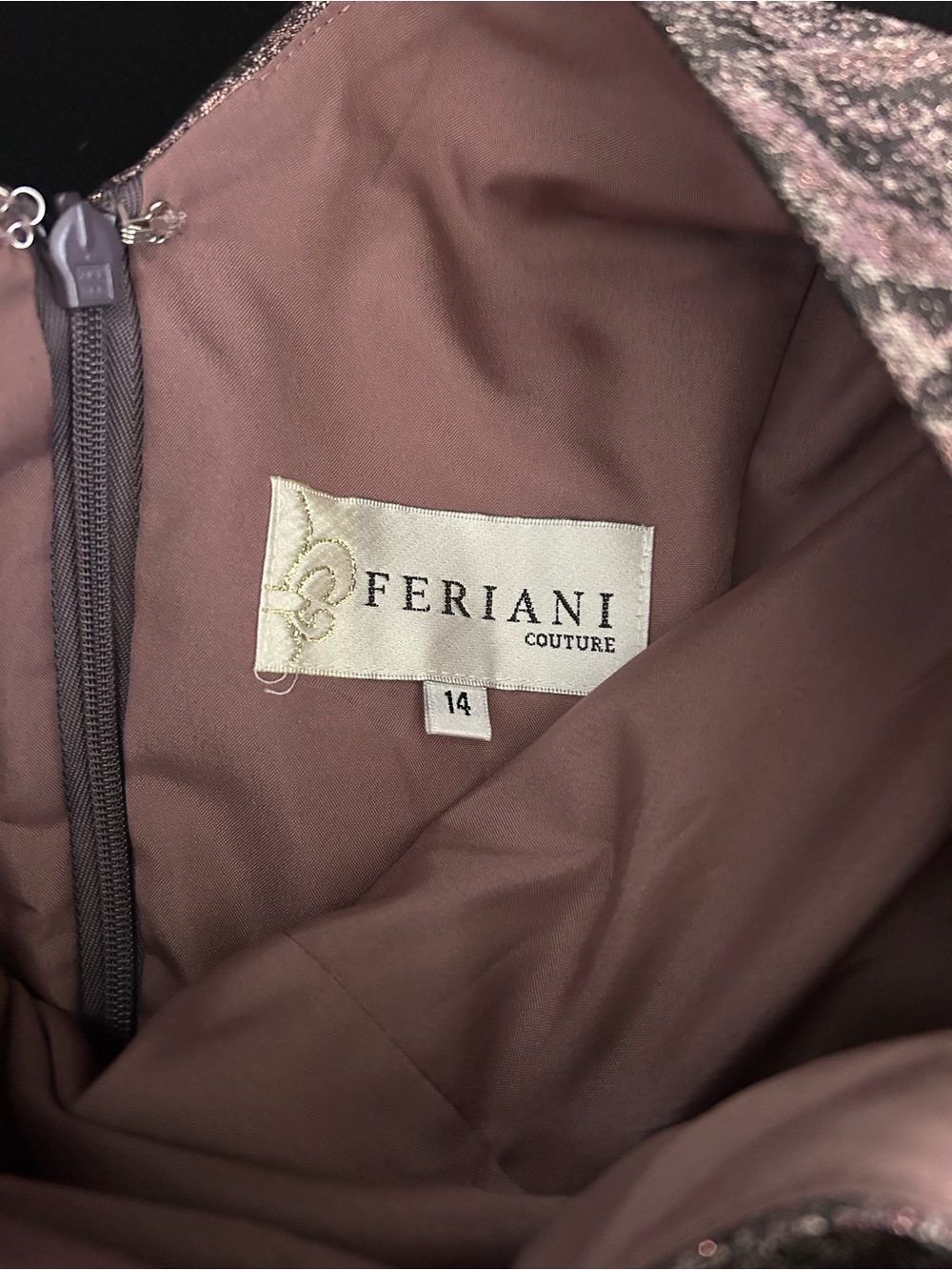 Feriani Couture 20103 Dusty Mauve Floral Jacquard V-Neck Midi Dress | Size 14 - Picture 10 of 11